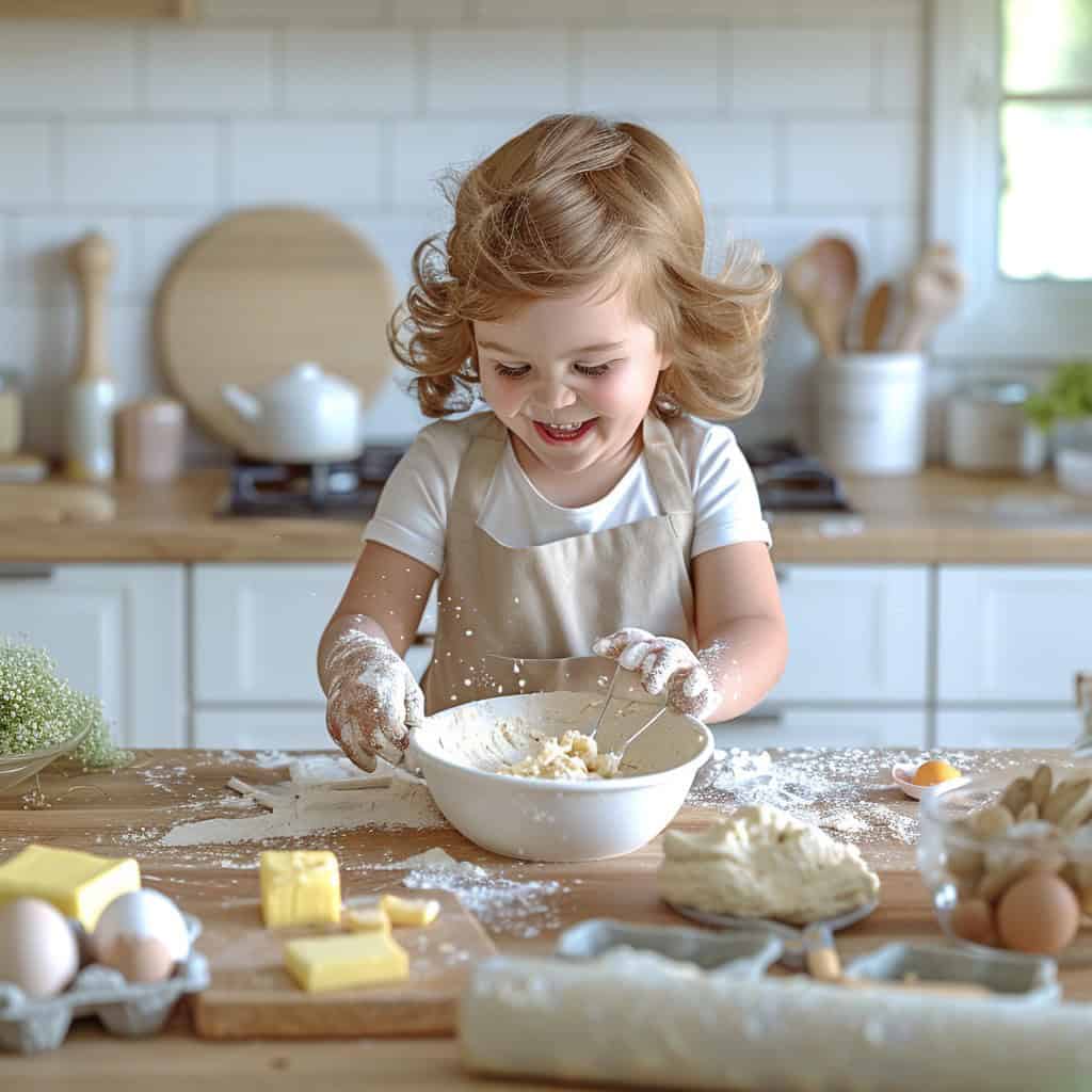 Fröhliches Mädchen rührt Teig in der Küche und zeigt, wie einfach und spaßig Diakids-Rezepte für Familien mit Diabetes sein können.
